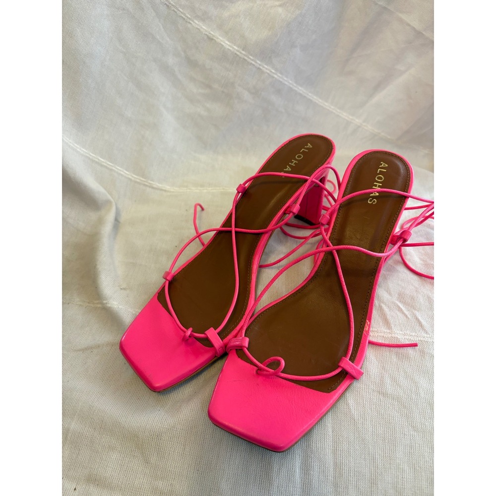 Alohas Pink Leather Lace Up Square Toe Block Heel Sandals Made in Spain Size 41